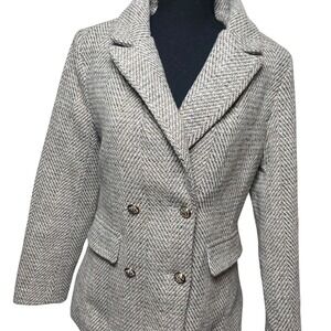 PLM Womens S Herringbone‎ Double Breasted Blazer Jacket Gold Button Tan Brown